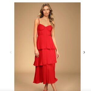 Lulus - Cascading Crush Red Tiered Bustier Midi Dress - Medium
